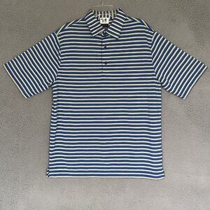 Greg Norman Fishing Polo Shirt Men Sz Small Stripped Yellow/Blue Golf PullOver